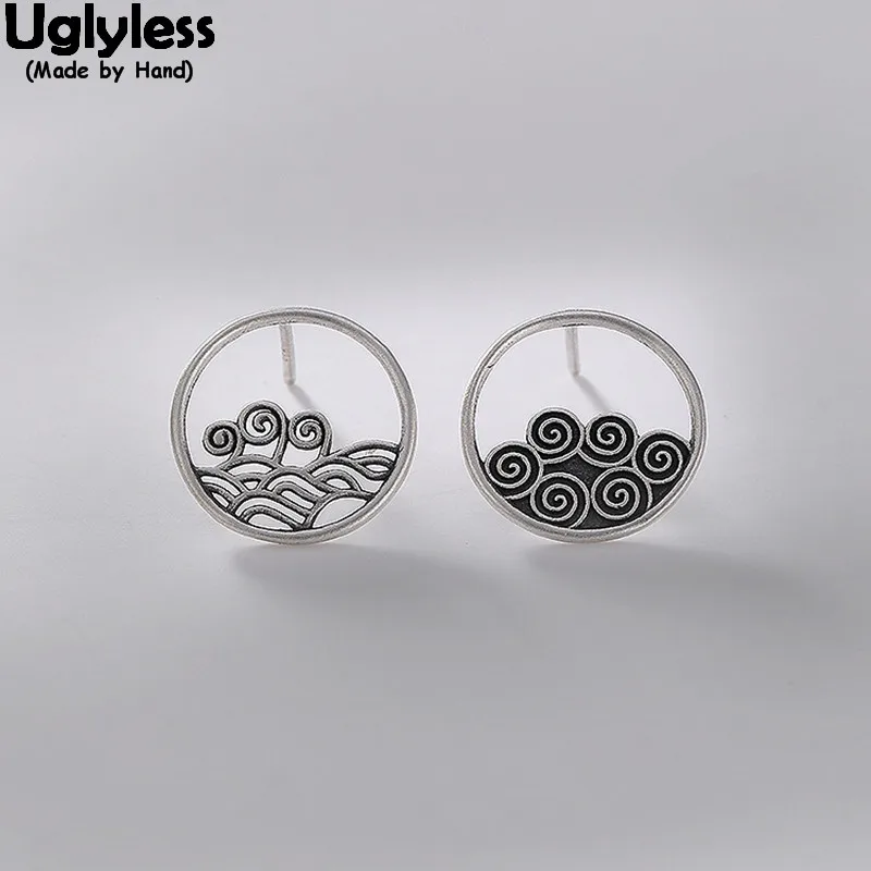 

Uglyless Exotic Asymmetrical Wave Stud Earrings Women Real Solid 925 Sterling Silver Hollow Round Studs Thai Silver Fine Jewelry