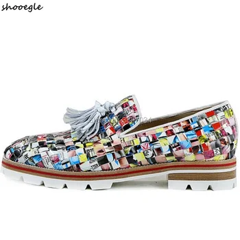 

SHOOEGLE Men Fringes Loafers Patchwork Prints Shoes Anti-Skid Bottom Heel Square Toe Shoes Nightclub Loafers Men