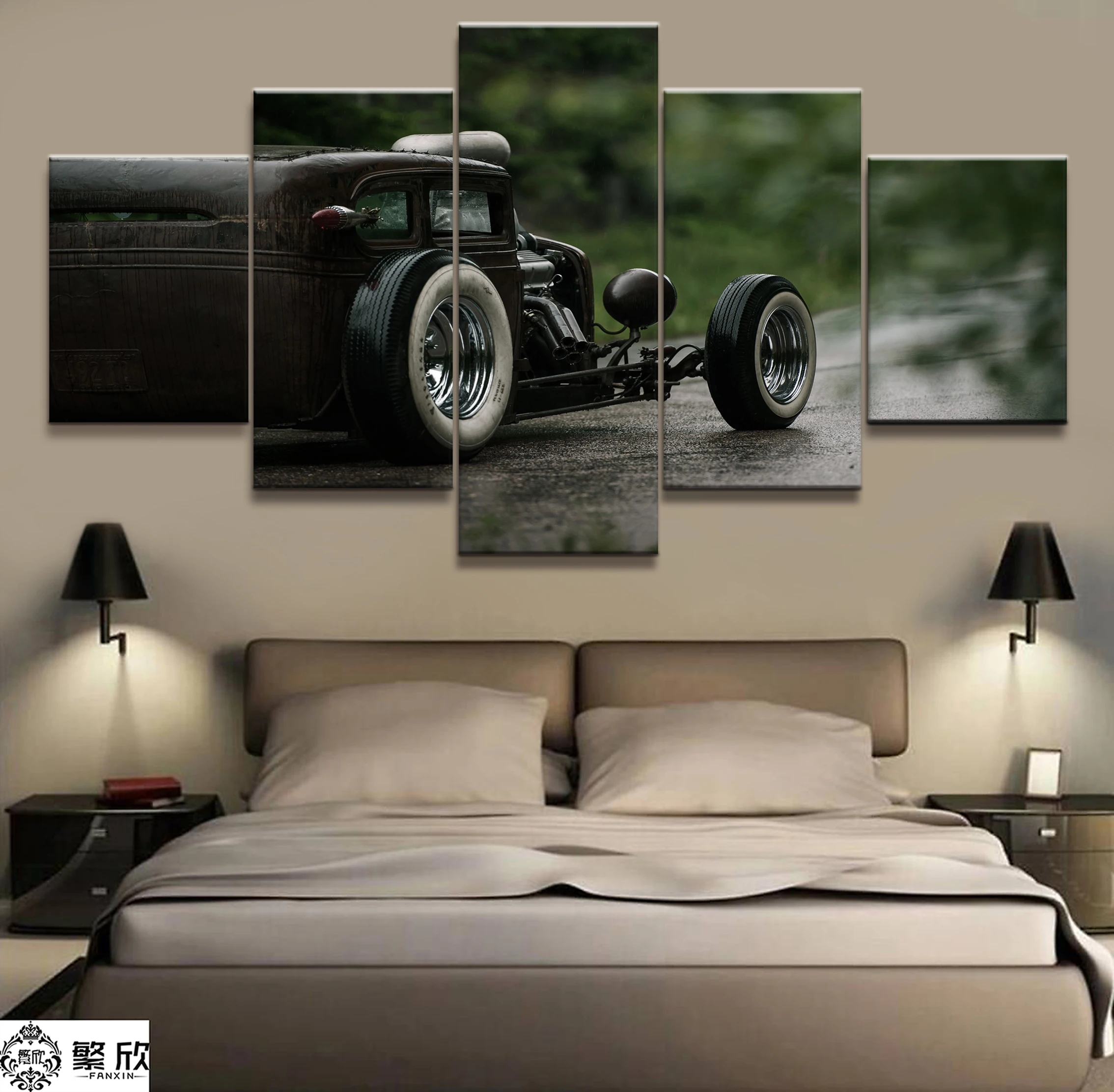 

5 Pieces Vintage Car Scenery Poster Modern Wall Art Decorative Modular Framework Picture Canvas HD Printed One Set Painting