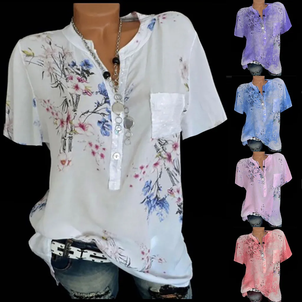 

Women Plus Size Short Sleeveloose Floral Print V-neck Pullover Tops Shirt Футболка Футболка Женская T Shirt Футболки