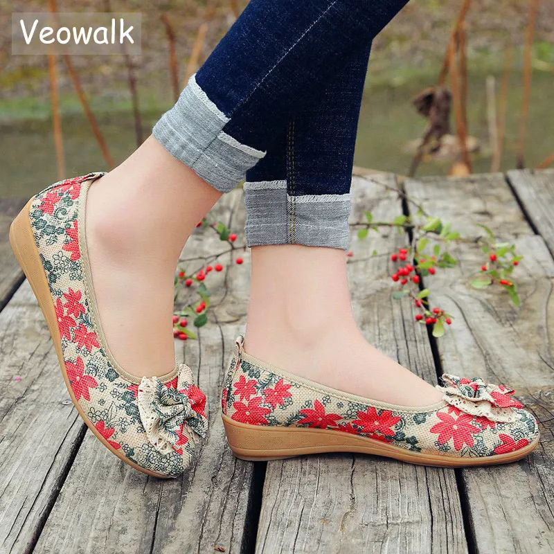 Женские хлопковые балетки Veowalk с цветочным принтом и бантом богемные удобные