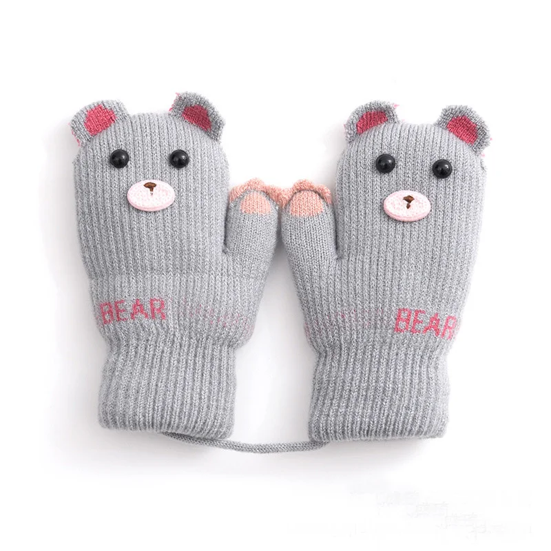 Winter Animal Shape Unisex Knitted Gloves Full Finger Mittens Gloves for Children For Girl Boy Cartoon Warm Cute Cartoon Mittens - Цвет: Light Gray