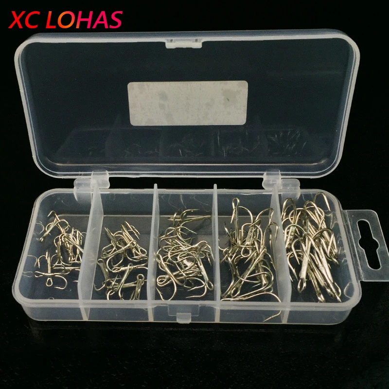 50 Pcs / Box Multiple Sizes High Carbon Steel Fishhook VMC Treble Hooks 2# 4# 6# 8#10# Sharp Barbed Stainless Fishing Hooks