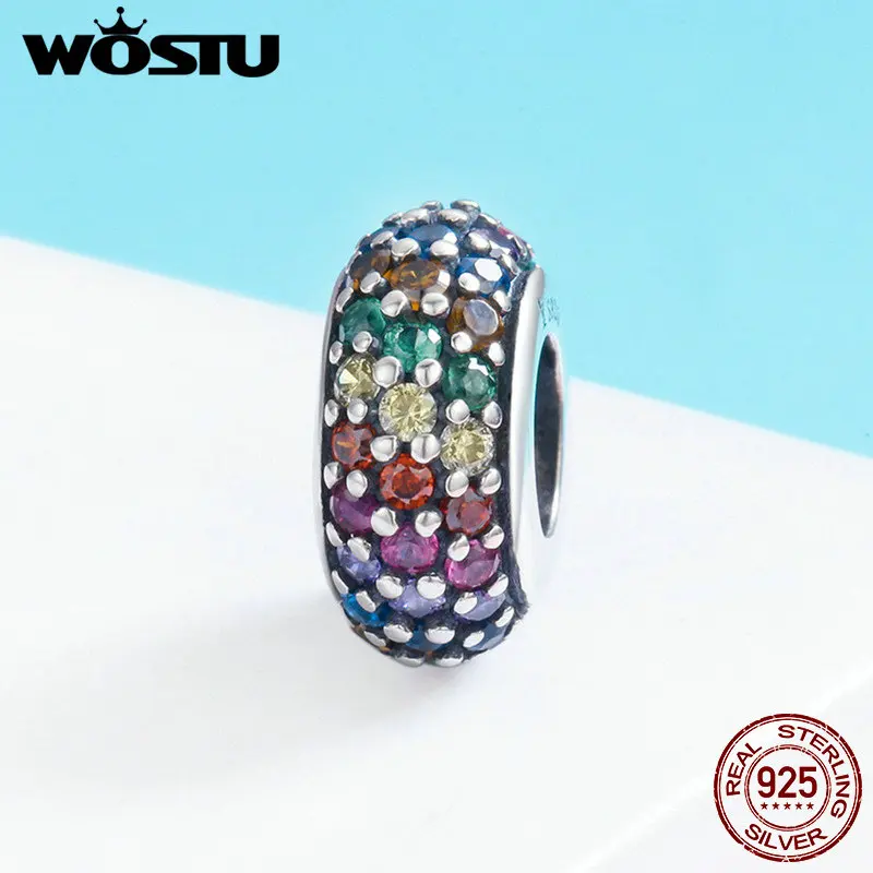 WOSTU Authentic 925 Sterling Silver Colorful Cubic Zircon Pave Rainbow Spacer Beads For Women Original Charm Bracelet DXC583