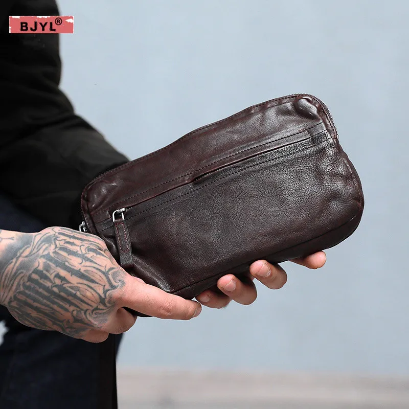 

BJYL Handmade handbag Male Large capacity multi-card hand holding bag male head layer cowhide long hand grab bag