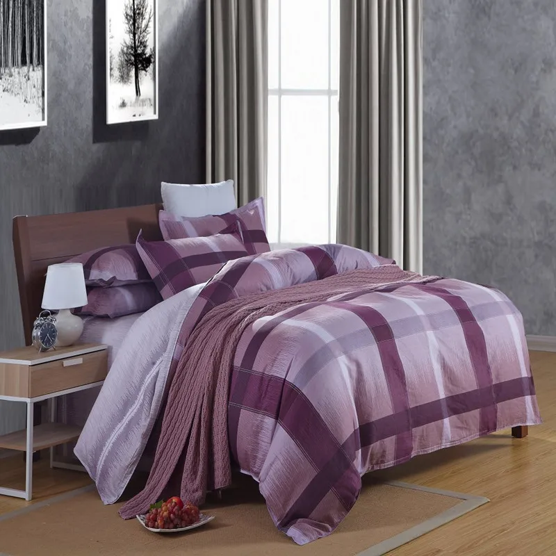 Modern Plaid Purple Blue Comforter Duvet Cover Set 4pcs 100