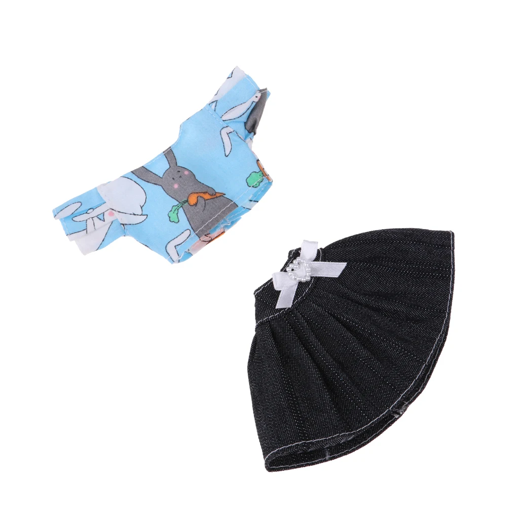Fashion Doll Outfits Rabbit Tops & Black Denim Jean Dress Skirt For   Dolls Accessory Blue	