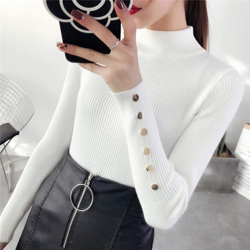 OHCLOTHING 2018 New Fashion half Korean Spring button Sleeve sweater Lady Female Tops Women knitted Fashion Turtleneck Pullover