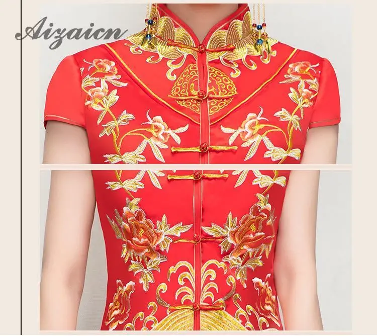 Красный Вышивка Qipao для женщин традиционные китайские свадебные Cheongsam Феникс платье принцессы со шлейфом Винтаж Восточный стиль платья для