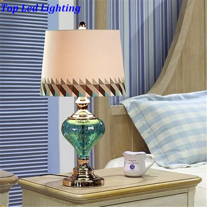 

Exotic Romantic Handmade Sky Blue Crystal Glass Fabric Led E27 Table Lamp for Wedding Decor Bedroom Living Room AC 80-265V 1202