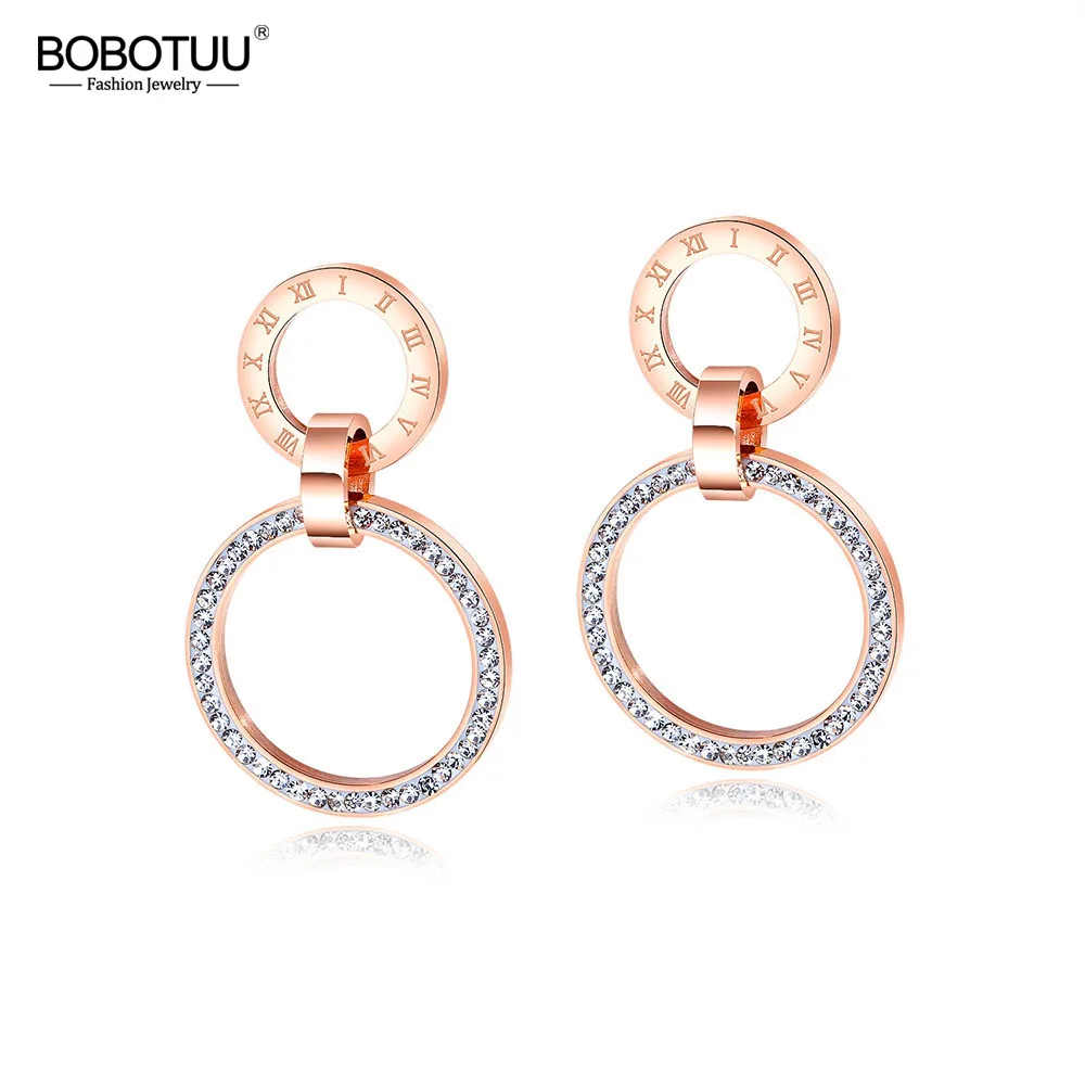 BOBOTUU розовое золото двойной Круглый Кубический цирконий серьги-гвоздики для женщин римские цифры серьги из нержавеющей стали ювелирные изделия Pendientes BOGE502
