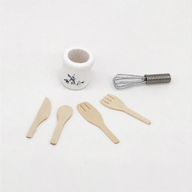 Wooden Knife And Fork Metal Whisk Jar Set Dollhouse Miniatures 1:12 Accessories Doll House Mini Kitchen Accessories 2