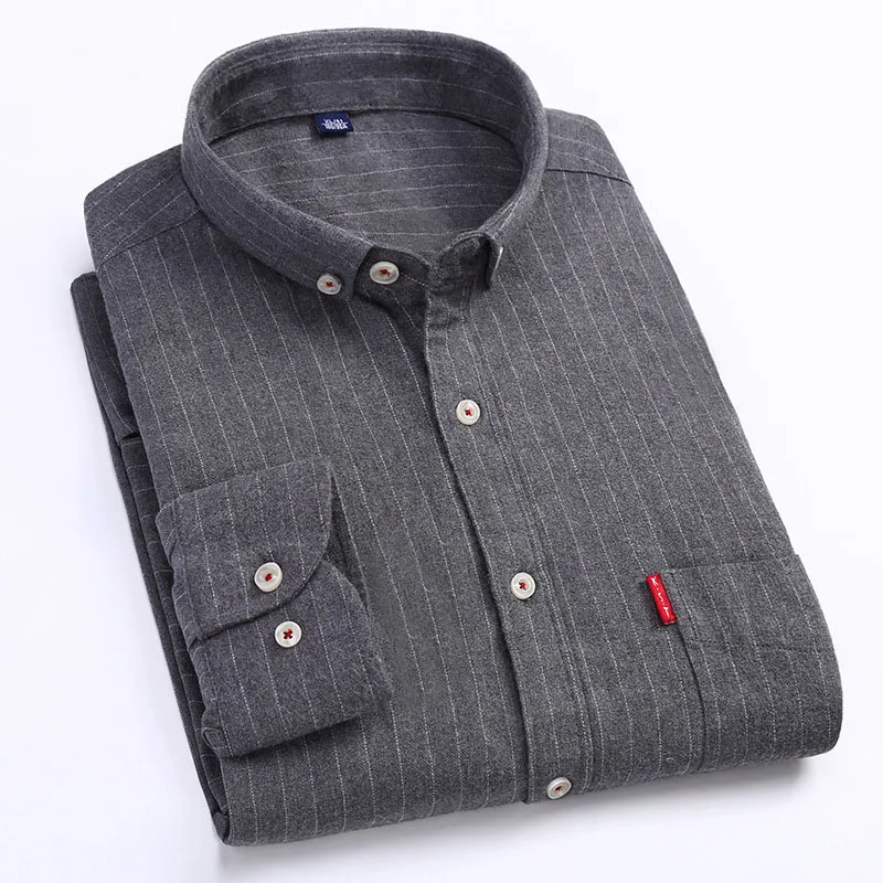 Kcoyster модные рубашки мужские черные фланелевые рубашки с длинным рукавом мягкая теплая Весенняя Осенняя полосатая Повседневная рубашка мужская брендовая одежда 4XL - Цвет: Light Grey