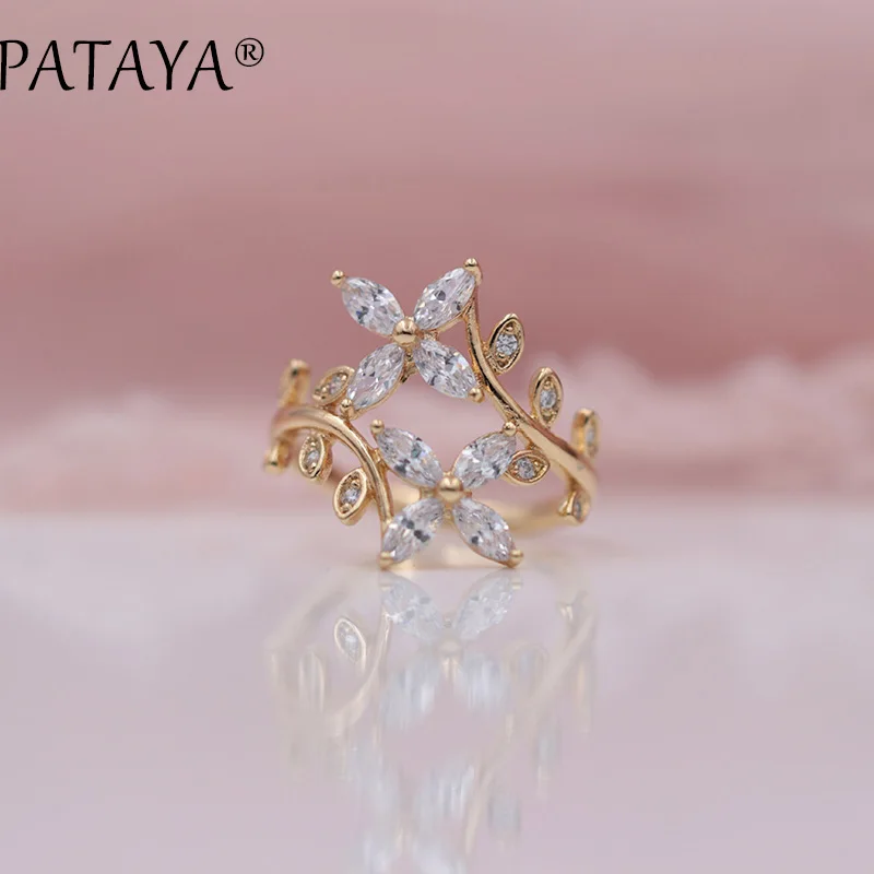 PATAYA, Новое поступление, белые кольца с конским глазом, с натуральным цирконием, в форме листьев, 585, розовое золото, в виде цветка, кольцо для женщин, Трендовое ювелирное изделие - Цвет основного камня: white
