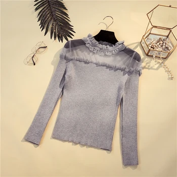 

Autumn Winter High collar Sweater Tops Mesh Patchwork Lace Hollowed Knitted Sweater Sexy Long Sleeve Casual Women Pullover