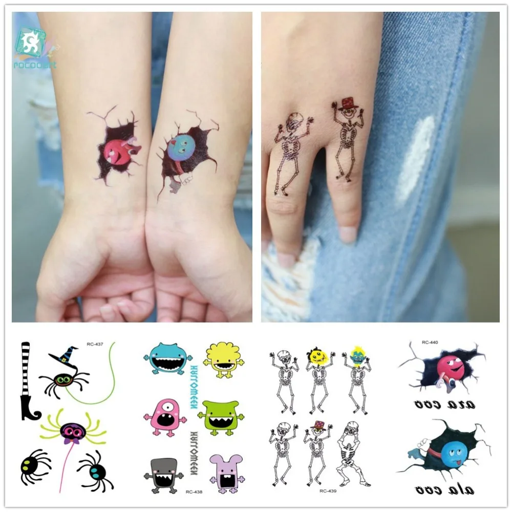 

Rocooart New Halloween Tattoo Kids Temporary Tattoo Sticker Spider Skeleton Fake Tatoo For Children Taty Body Art Tatouage Hands