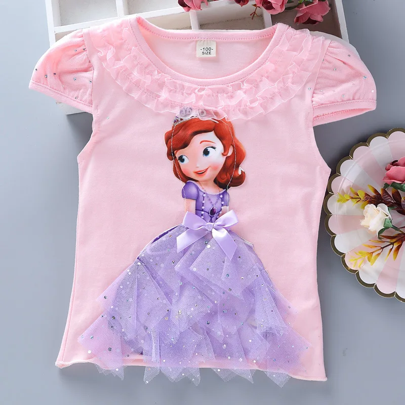 Летняя футболка принцессы для девочек Детские хлопковые футболки с изображением Эльзы и Анны, кружевная футболка детская одежда с короткими рукавами и 3D-принтом для дня рождения - Цвет: D
