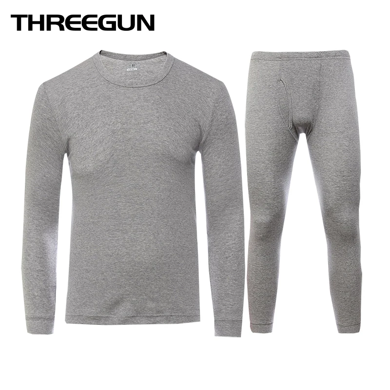 THREEGUN 100% Хлопок Зимняя круглая шея Теплый длинный Джонс Набор для мужчин Ультрамягкий твердый цвет Тонкое тепловое нижнее белье Мужская