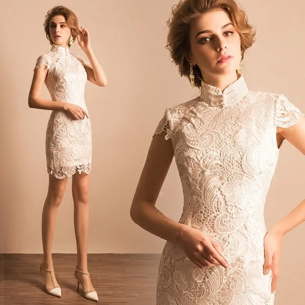 chinese shanghai white lace short cheongsam qipao chi pao dresses elegant plus size hot new (13)