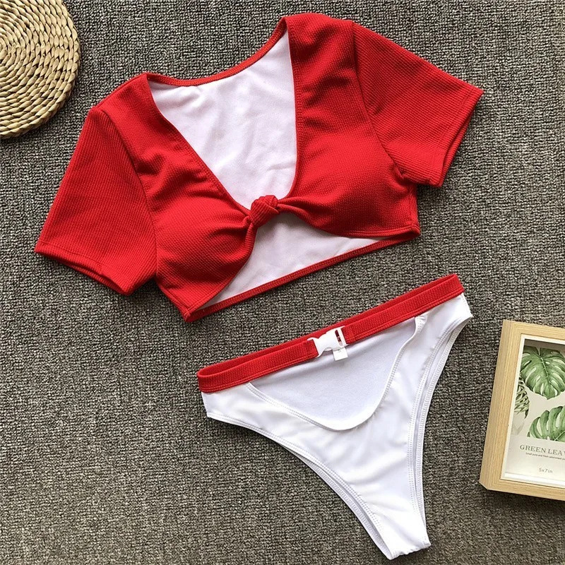 Женский купальник с застежкой, бразильские бикини, женские стринги, бикини с узлом, спортивный купальник, костюм из двух предметов, для пляжа - Цвет: A887 Red