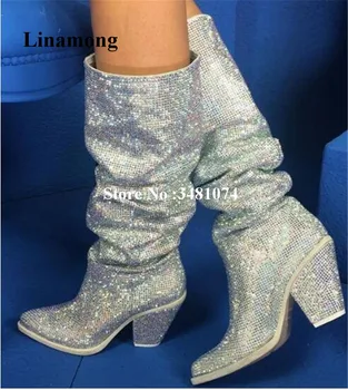 

Spring Autumn New Arrival Mid-Calf Boots Pointed Bling Bling Crystal And Slip-On Spike Heels Boots Pointed Toe Women Boots