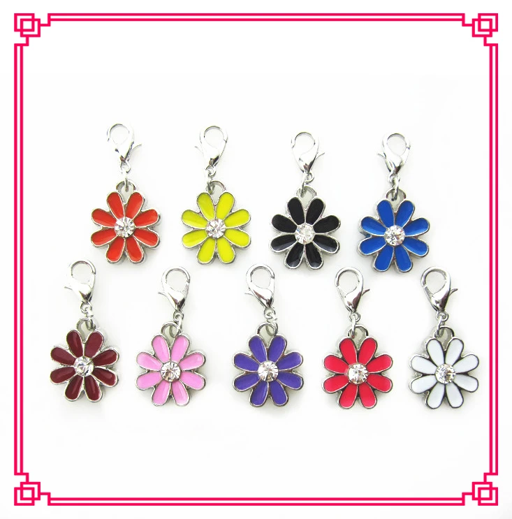 

Hot selling 45pcs/lot mix 9 different color daisy flower dangle charms lobster clasp charms for floating lockets