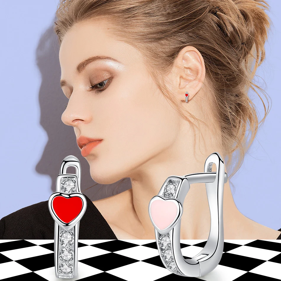 ELESHE Red Enamel Heart Small Stud Earrings Cubic Zirconia 925 Sterling Silver Earrings For Girls Child Kids Silver Jewelry Gift