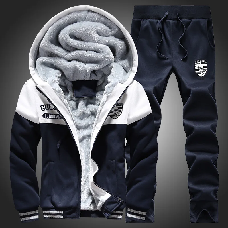 men winter tracksuit sportswear thick fleece sport coat  hoodies sweatshirt+pants running jogging leisure set sport warm suit