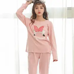 Новый пижамный комплект Для женщин из двух частей 2018 розовый с круглым вырезом и длинными рукавами пижамный комплект из 2 предметов