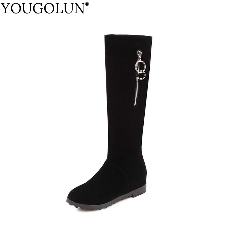 

YOUGOLUN Women Knee High Boots Autumn Winter 2018 Fashion Lady Zipper Round toe Shoes Woman Black Chians Low Wedges Heels #B047