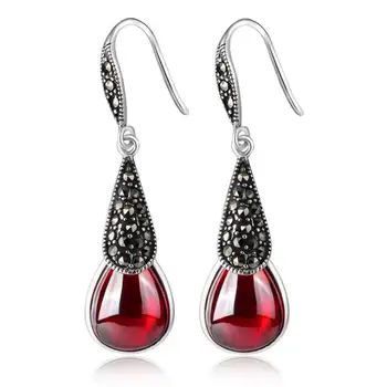 

KJJEAXCMY fine jewelry S925 sterling silver earrings Thai silver synthetic garnet long style retro ear-nailing boutique ladies n