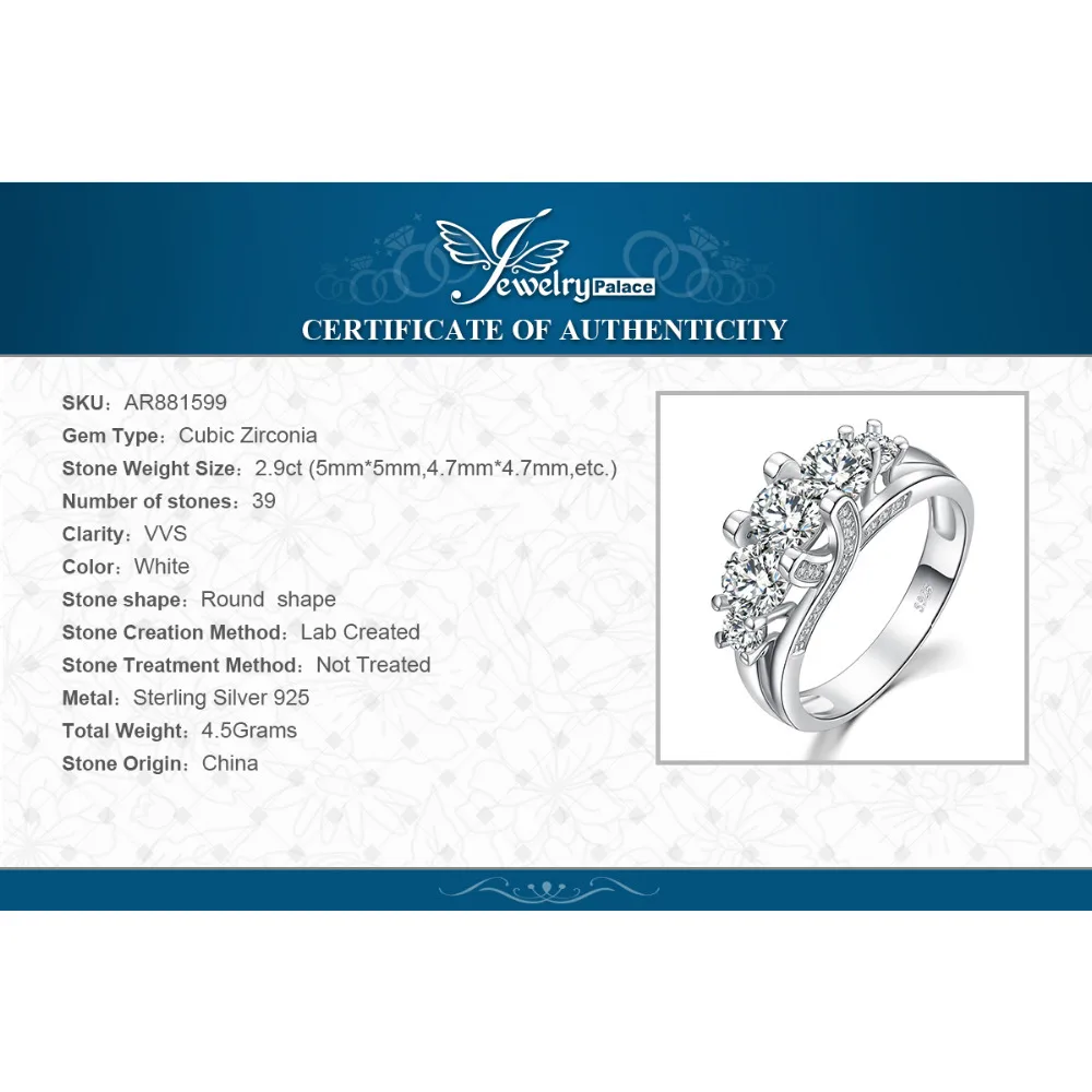 JewelryPalace Vintage 3 Stone 2.8ct Cubic Zirconia Engagement Wedding Bands Rings For Women Genuine 925 Sterling Silver Jewelry