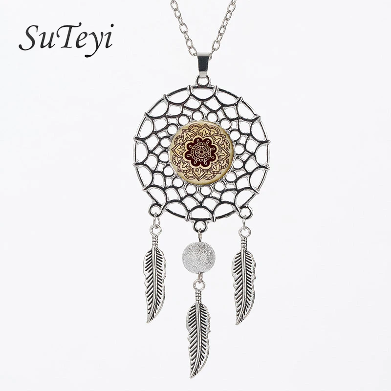 

SUTEYI 2017 Fashion Feather Style Accessories Brown Mandala Yoga Lotus Jewelry Dream catcher Necklace Jewelry Wholesale DNE273