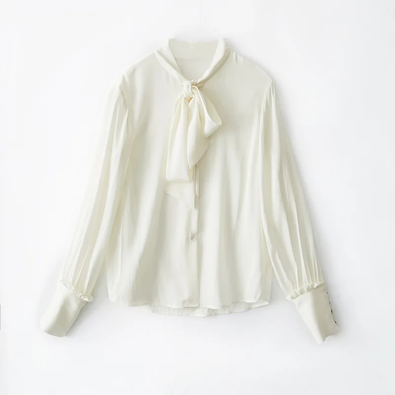 Весна Лето Новое поступление шелковая коммутационная бабочка узел свинца шелковая женская рубашка, блузка - Цвет: Белый