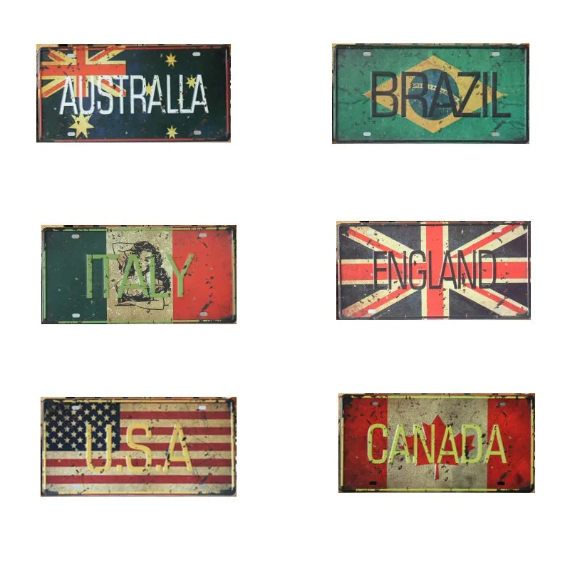 

License Plate National Flag USA Italy Brazil Canada England Plaque Metal Vintage Tin Sign Wall Art Craft Home Decor 15*30cm