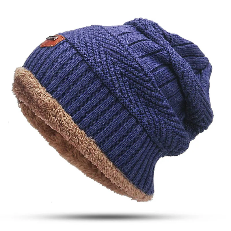 Мужская зимняя шапка, модные вязаные черные шапки, Осенняя шапка, толстая и теплая и облегающая шапка, бини, мягкие вязаные шапочки из хлопка - Цвет: Hat Blue
