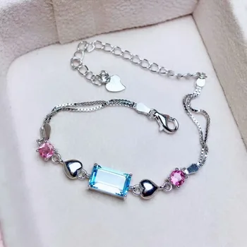 

shilovem 925 sterling silver blue topaz link bracelets fine jewelry classic women plant new classic party gift 4*6mm ml040609agb