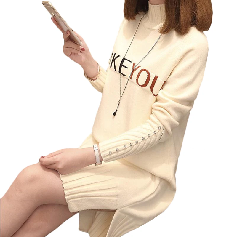

Long turtleneck sweater women autumn winter warm pullovers sweaters female Long sleeve beaded knit sweater womens plus size tops