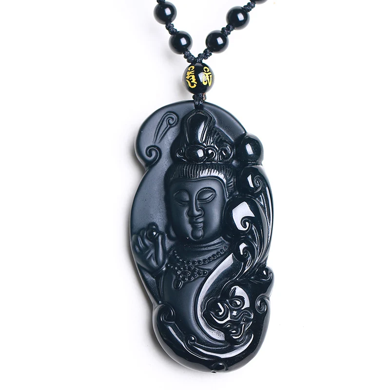 

Fahion Jewelry Natural Black Obsidian Carved Kwan-Yin Head Lucky Amulet Blessing Pendant Free Necklace