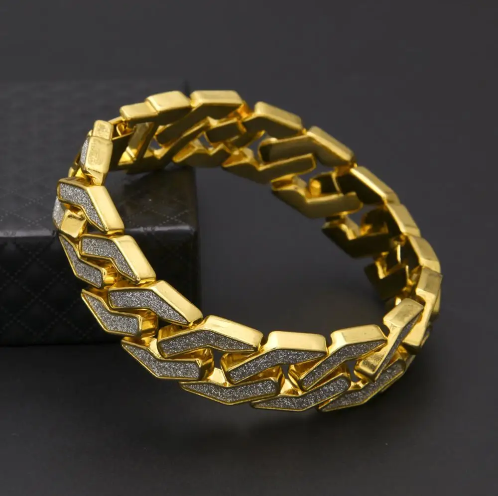 

16mm Mens Sand Blast Bracelet Bangle Cuban Chain Link Iced Out Hip Hop Gold Silver Chains Bracelets for Men Rapper Jewelry 8.5"