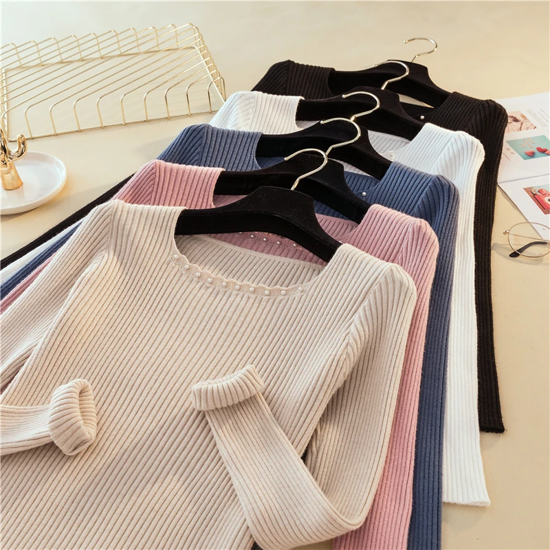 

autumn winter o-neck knitted women sweeter and pullovers slim thick black white pink gray sweeter