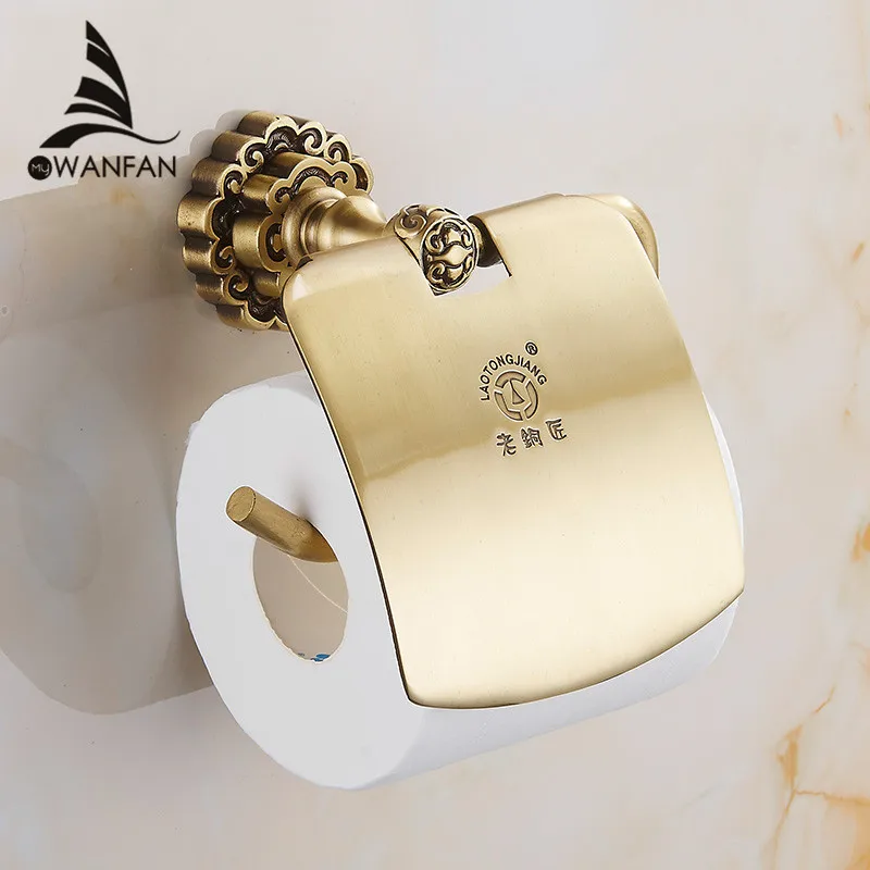 New Bathroom Toilet Paper Holder With Cover Antique Brass Roll Tissue Rack Carved Pattern Base Paper Shelf Wall Mounted 10708F free shipping antique brass creative wall mounted flower carved bathroom brass toilet paper holder tissue roll with soap dishes