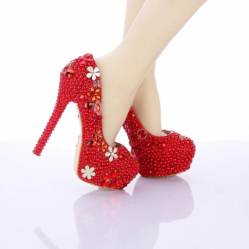 Свадебные туфли на высоком каблуке-шпильке 14 см красный жемчуг круглый носок изготовление под заказ платформа кристаллы обувь для вечеринки на день св. Валентина