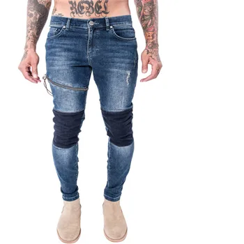 

Original design 2017 the latest trend of the street fashion blue wash motorcycle men's self-cultivation stretch tide man stitchi