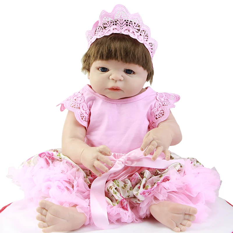

Hot Sale 23 IN Reborn Baby Dolls with Mohair or Synthetic Hair Dressed Pink Skirt Lifelike Full Silicone Dolls Xmas Girl Gifts