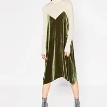 Женское Новое Элегантное бархатное платье с v-образным вырезом без рукавов, тонкие ремни, неровный подол, оборки, платье средней длины