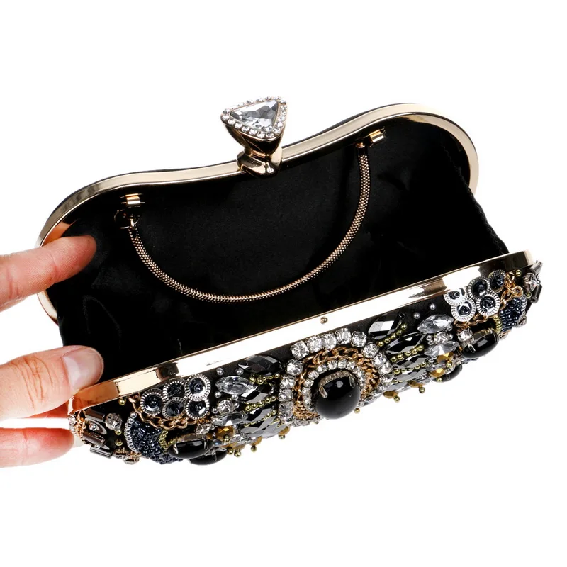 Luxy Moon Silver Black Crystal Metal Decorative Clutch Bag Inside View