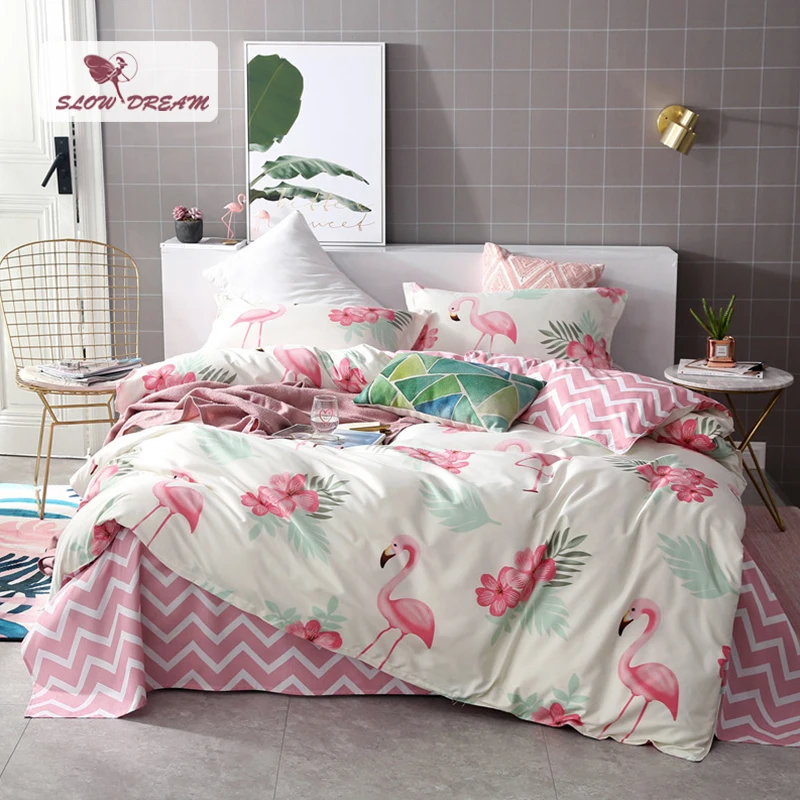 

SlowDream Pink Flamingos Set 3D Double Bed Sheet Comforter Duvet Cover Bedspread Bedclothes Adult Queen King Size Linens 40