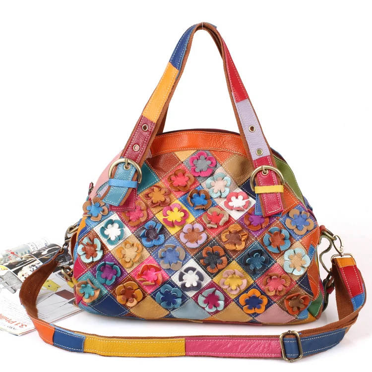 

2015 first layer of cowhide genuine leather bags flower color block patchwork handbag cross-body women's handbag