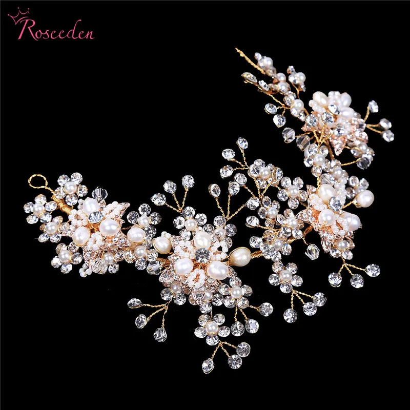 

Gold Crystal Rhinestone Natural Pearls Wedding Headband Hair accessories Jewelry Women Bridal Hairband Bridesmaids RE3190
